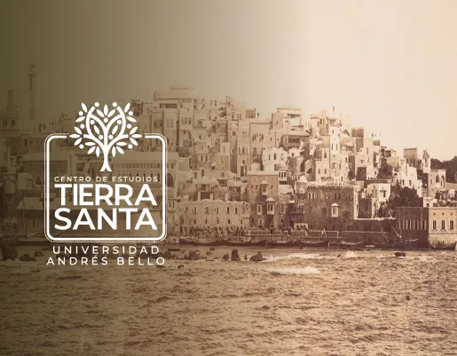 Sepia-toned coastal town with an overlaid white logo reading Centro de Estudios Tierra Santa, Universidad Andrés Bello.